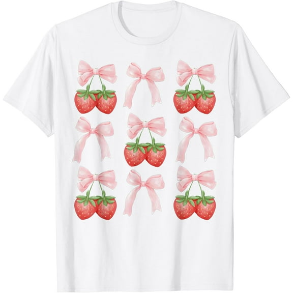 Cute Pink Bow Coquette Strawberry Clean Girl Aesthetic T-Shirt100% pure cotton white short-sleeved T-shirts for men and women