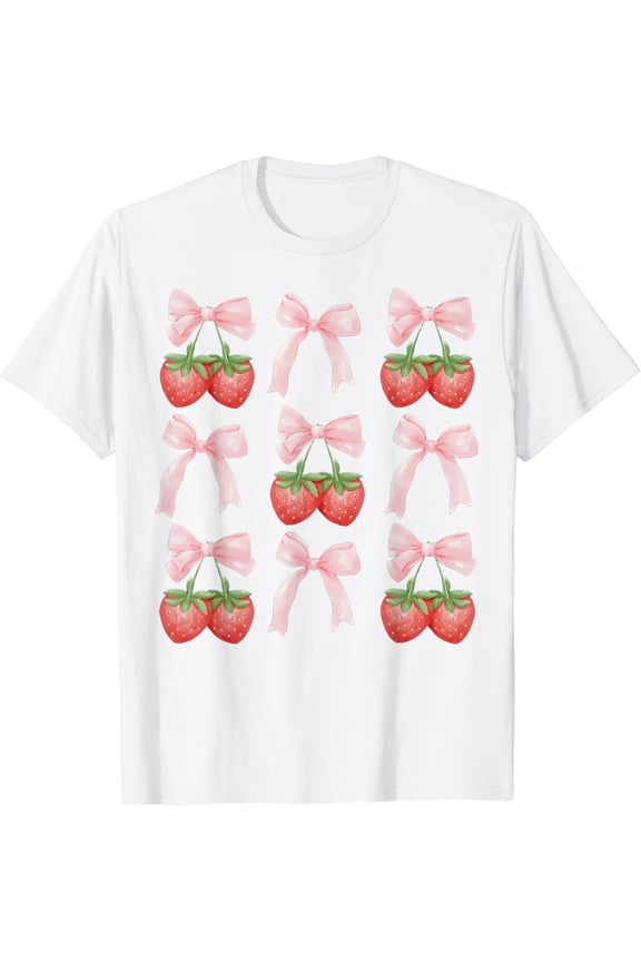 Cute Pink Bow Coquette Strawberry Clean Girl Aesthetic T-Shirt100% pure cotton white short-sleeved T-shirts for men and women