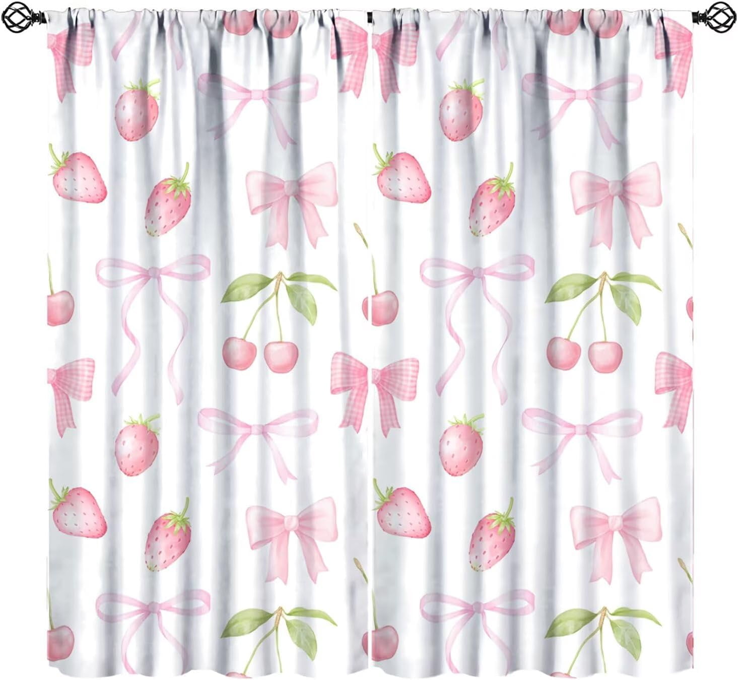 Cute Pink Bow Curtains, Watercolor Aesthetic Pink Strawberries Cherries Pastel Ribbon Bow Rod Pocket Window Drapes Treatments for Girls Children''s Bedroom, 63" W X 63" L