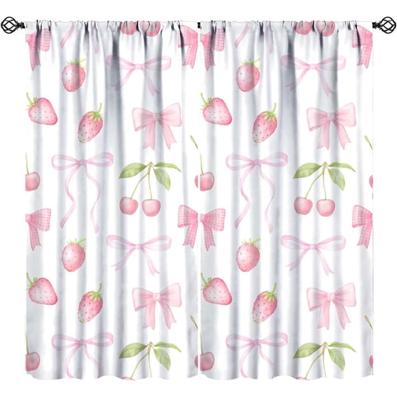 Cute Pink Bow Curtains, Watercolor Aesthetic Pink Strawberries Cherries Pastel Ribbon Bow Rod Pocket Window Drapes Treatments for Girls Children''s Bedroom, 63" W X 63" L