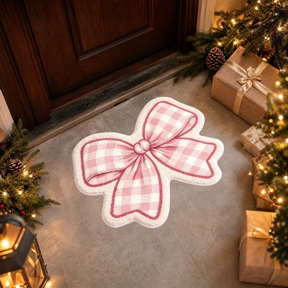 Cute Pink Bow Floor Rug, Non-Slip Stain Resistant Polyester Bedroom Mat, Soft Girly Decor Rug for Vanity Nursery Dorm Window
