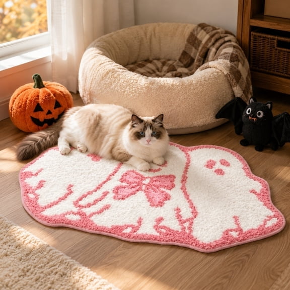Cute Pink Bow Ghost Shaped Halloween Rug, Soft Fluffy Spooky Doormat, Non Slip Absorbent Floor Mat for Bedroom Bathroom Entryway Indoor Halloween Party Aesthetic Home Decorations