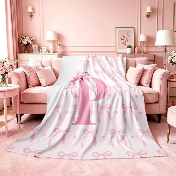 Cute Pink Bow Gifts Fleece Throw Blanket Baby ,Letter P Girls Flannel Blanket Plush Fuzzy,Cute Coquette Bow Knot Soft for Bed Couch Chair,Initial Letter P Monogrammed 30" x 40"