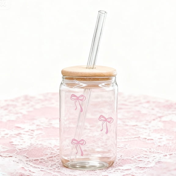 Cute Pink Bow Glass Cups with Lids and Straws,16 oz Iced Coffee Cup,Design Tumbler Mug for Womenfriends Valentine's Day Gifts