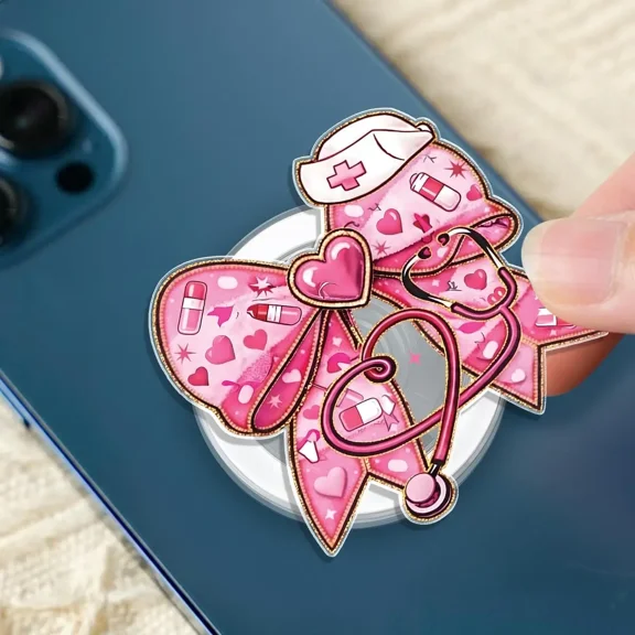 Cute Pink Bow Heart Stethoscope Detachable Phone Grip, Sweet Valentine Gift for Nurses and Nursing Students Phone Holder, E-Reader Grip Accessory