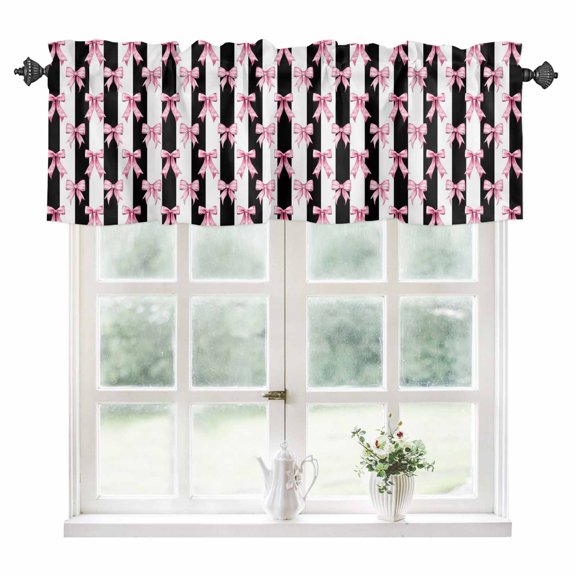 Cute Pink Bow Kitchen Valances for Windows 60x18 Inch Kitchen Curtains Valances Rod Pocket Black White Striped Preppy Aesthetic Bathroom Window Valances for Window Treatment Decor