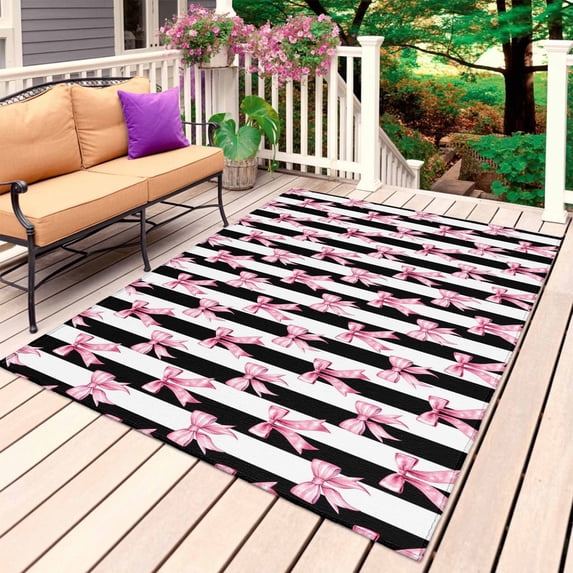 Cute Pink Bow Outdoor Rug for Patio/Deck/Porch, Non-Slip Large Area Rug 3 x 5 Ft, Black White Striped Preppy Aesthetic Indoor Outdoor Rugs Washable Area Rugs, Reversible Camping Rug Carpet Runner
