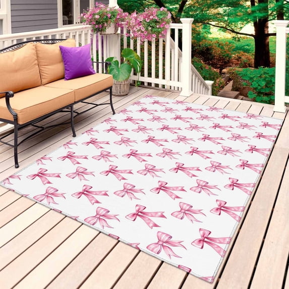 Cute Pink Bow Outdoor Rug for Patio/Deck/Porch, Non-Slip Large Area Rug 3 x 5 Ft, White Sweet Modern Watercolor Indoor Outdoor Rugs Washable Area Rugs, Reversible Camping Rug Carpet Runner