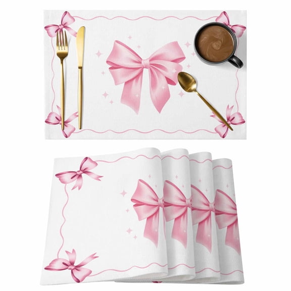 Cute Pink Bow Placemats Set of 1, Pink Ribbon Day Mother's Day Valentine's Day Non-Slip Place Mats Washable Table Mats for Kitchen Dining Table Decorations Indoor/Outdoor