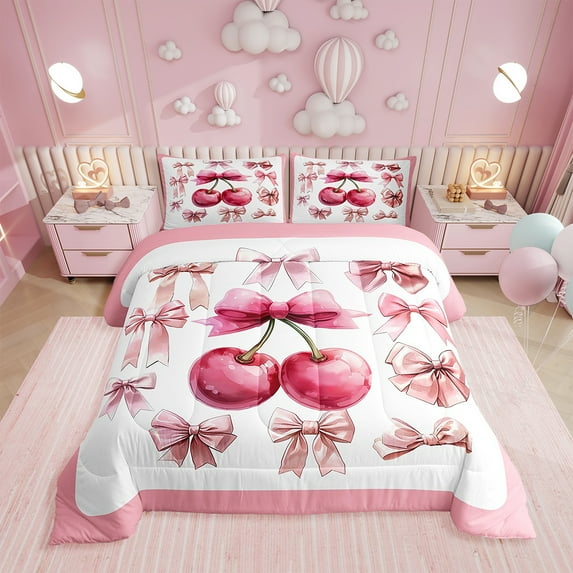 Cute Pink Bow Queen Comforter Set,Kawaii Bowtie Cherry Fruit Bedding Set Room Decor,Sweet Pink Ribbon Bow Quilt Bed Set Girly Princess Down Comforter with 2 Pillowcases