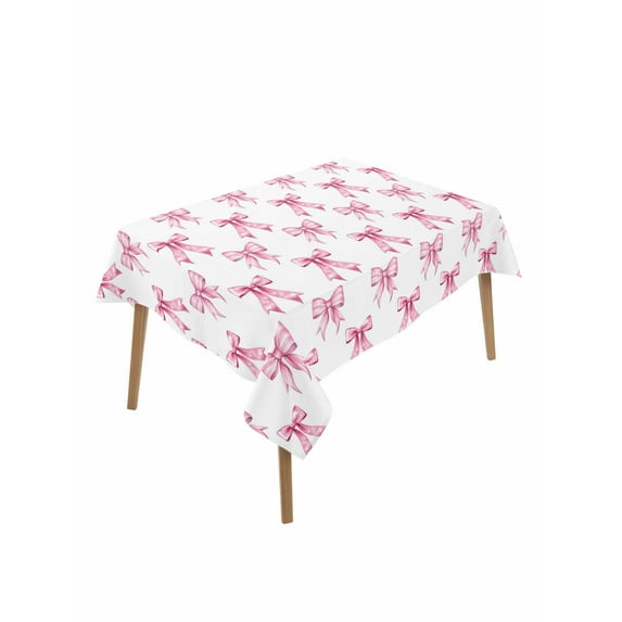 Cute Pink Bow Table Cloth, White Sweet Modern Watercolor Waterproof Tablecloth for Rectangle Tables, Reusable Washable Fabric Table Cover for Restaurant Kitchen Dining Tables 52"x70"