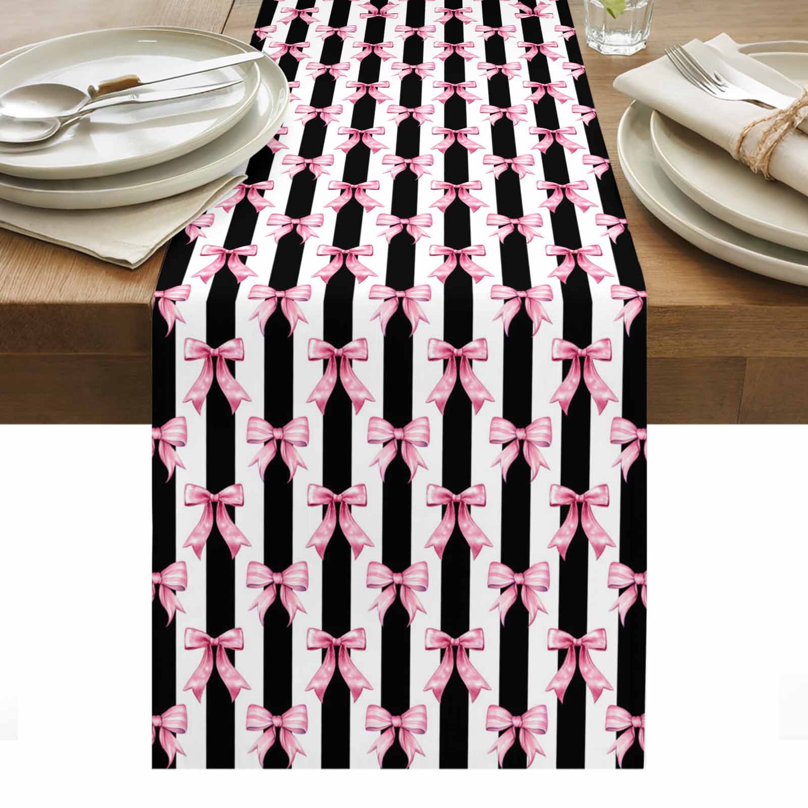 Pink Prepy Table Cute Pink Bow Table Runner - 70 Inch Long, Kitchen Dining Table Runner ...