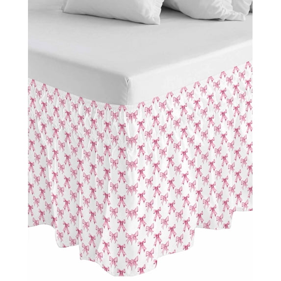 Cute Pink Bow Wrap Around Bed Skirts for King Bed 16" Drop, Bed Skirt with Adjustable Elastic Belt Dust Ruffle Bed Valance for Bedroom Hotel Luxury White Sweet Modern Watercolor Bed Frame Cover