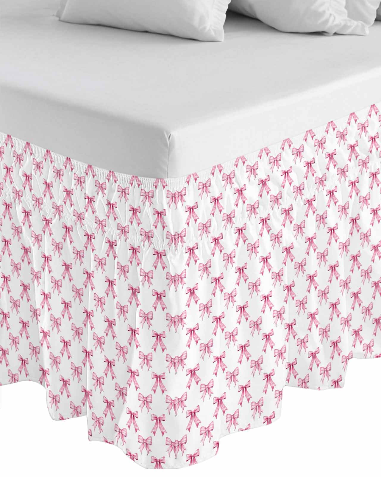 Cute Pink Bow Wrap Around Bed Skirts for Queen Bed 18" Drop, Bed Skirt with Adjustable Elastic Belt Dust Ruffle Bed Valance for Bedroom Hotel Luxury White Sweet Modern Watercolor Bed Frame Cover