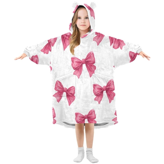 Cute Pink Bowknots Flannel Wearable Blankets Hooded Design Long Sleeves Wrap Unisex for 3T-14Y S