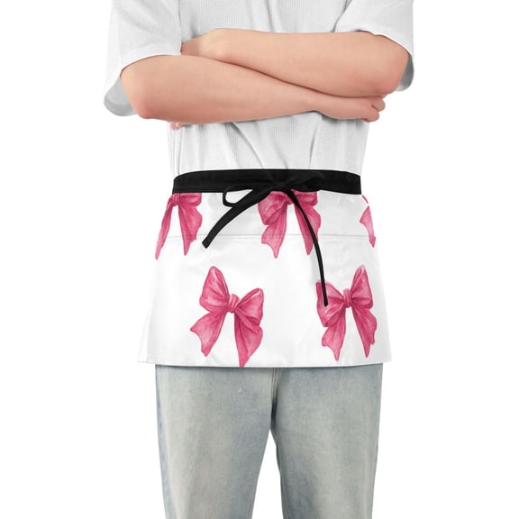 Cute Pink Bowknots Short Server Apron with 3 Pockets for Unisex Chef Gardening