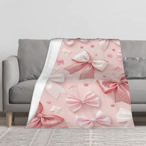 Cute Pink Bows Flannel Fleece Throw Blanket, 280GSM Soft Cozy Plush Vertical Single-Sided Print Blanket for Bed Couch Sofa, Girly Coquette Ribbon Pattern Gift for Girls Women
