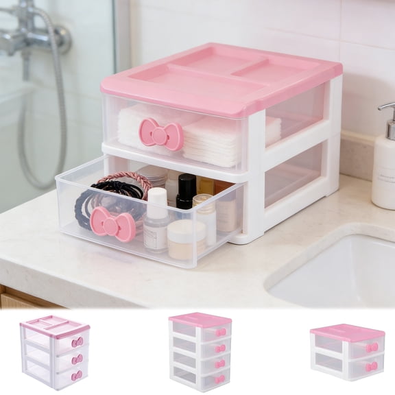 Cute Pink Bows Princess Drawer Box,Cute Storage Cabinet Box with Bow Handle,Desktop Storage Box for Women,Small Plastic Storage Box for Jewelry,Makeup,and Office Supplies