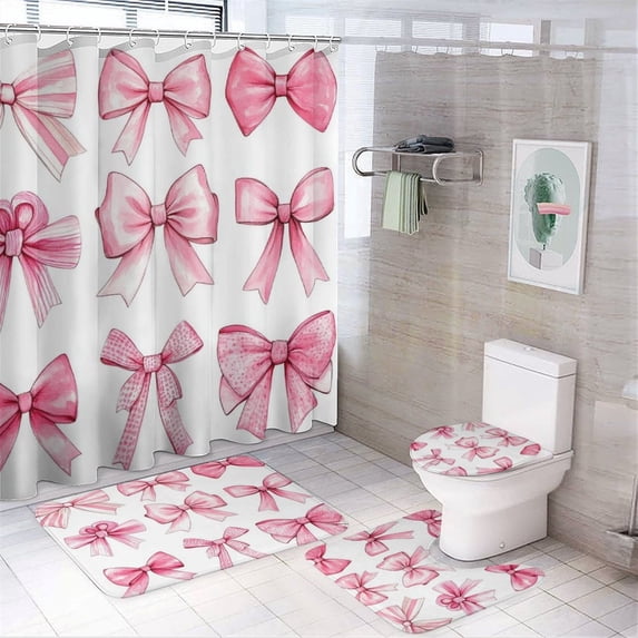 Cute Pink Bows Shower Curtain 4 Piece Sets with Rugs Toilet Lid Cover And Bath Mat Bow Waterproof Personality Pattern Bath Curtains for Bathroom Decor