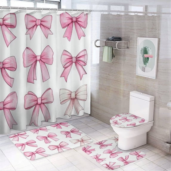 Cute Pink Bows Shower Curtain Sets with Rugs 4 Piece Shower Curtain Set with Curtain Rug Toilet Cover And U Shaped Mat Bow Waterproof Personality Pattern Bath Curtains for Bathtub Decor