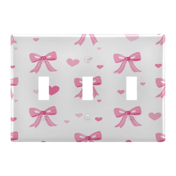 Cute Pink Bows with Heart Pattern Valentine Light Switch Cover Electrical Outlet Cover Replaceable Wall Plates 3-Gang