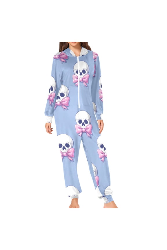 Cute Pink Bows with Skull Adult's Hoodie Onesie Jumpsuit One-Piece Pajamas with Zipper Unisex for Holiday M
