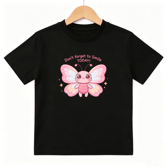 Cute Pink Butterfly Girls Graphic Tee Smile Today Positive Gift 100% Cotton Kids Short Sleeve T-Shirt 4-13Y