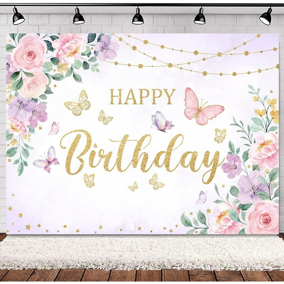 Cute Pink Butterfly Happy Birthday Backdrop for Women Floral Flower Blossom Plant Pastel Girls Gold Lovely Princess Party Decorations Photography Background Banner Photo Booth Studio