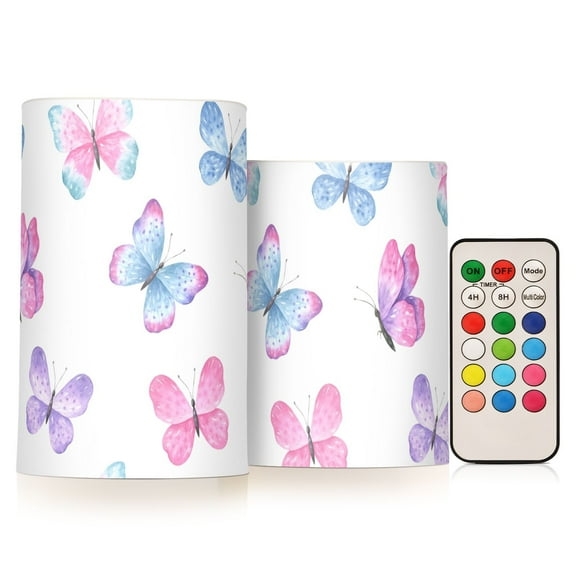 Cute Pink Butterfly in White 2 PCS LED Flickering Flameless Candles with Remote Control Realistic 3D Wick LED Window Candles Sets for Wedding Table Home Decoration Gifts