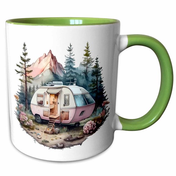 3drose, Cute Pink Camper in the Mountains Illustration, 11oz Two-tone Green Mug