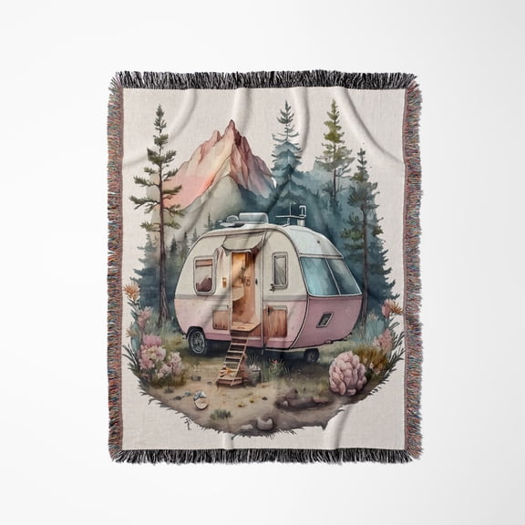 Cute Pink Camper In The Mountains Illustration, Woven Blanket