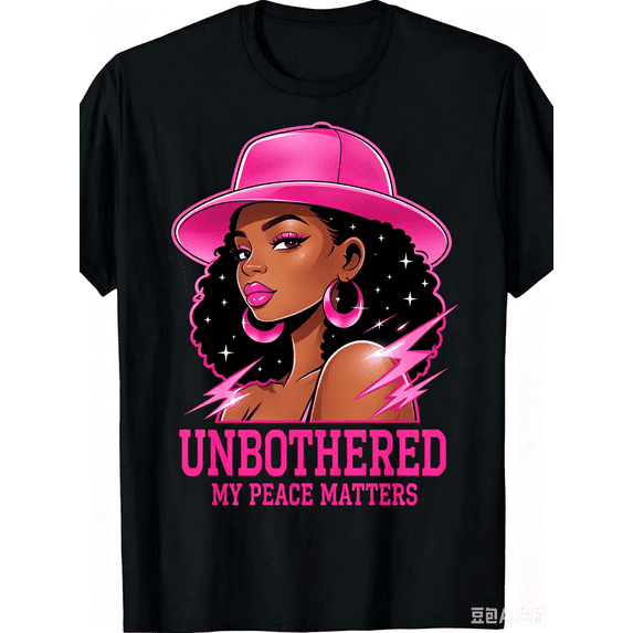 Cute Pink Cap Curly Black Queen Women’s T-Shirt, Unbothered Positive Peace Quote Graphic Tee, Trendy Casual Crew Neck Short Sleeve Top, Inspirational Fashion Gift For Ladies Summer Everyday Outfit