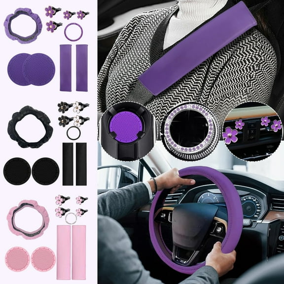 Cute Pink Car Interior Accessories Set for Women – Includes Steering Wheel Cover, Seat Belt Pads, Cup Coasters, Air Vent Clips & Bling Ring – Universal Fit, Floral Pattern