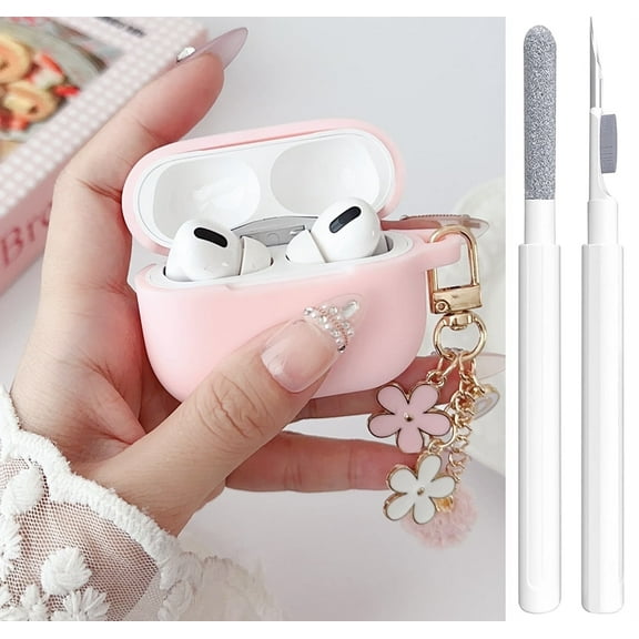 Cute Pink Case for Airpods Pro 2nd/1st Generation Cover for Girl Women with Pom pom Flower Keychain & Cleaner Kit, Soft Silicone Protective Skin for Airpods Pro 2/1 Gen 2019/2023/2022, Pink
