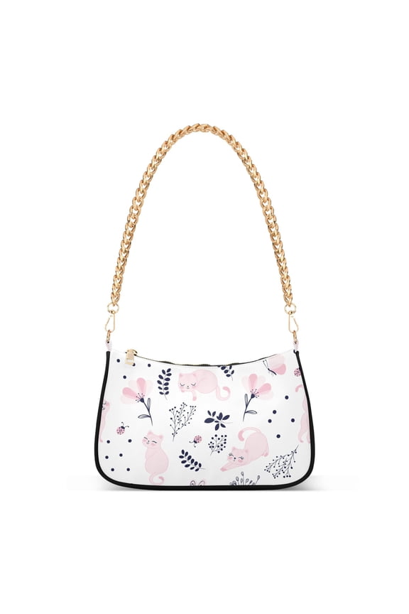 Cute Pink Cat Flowers Womens Chain Shoulder Bag Tote Handbag Clutch Hobo Purse with Zipper for Travel Casual