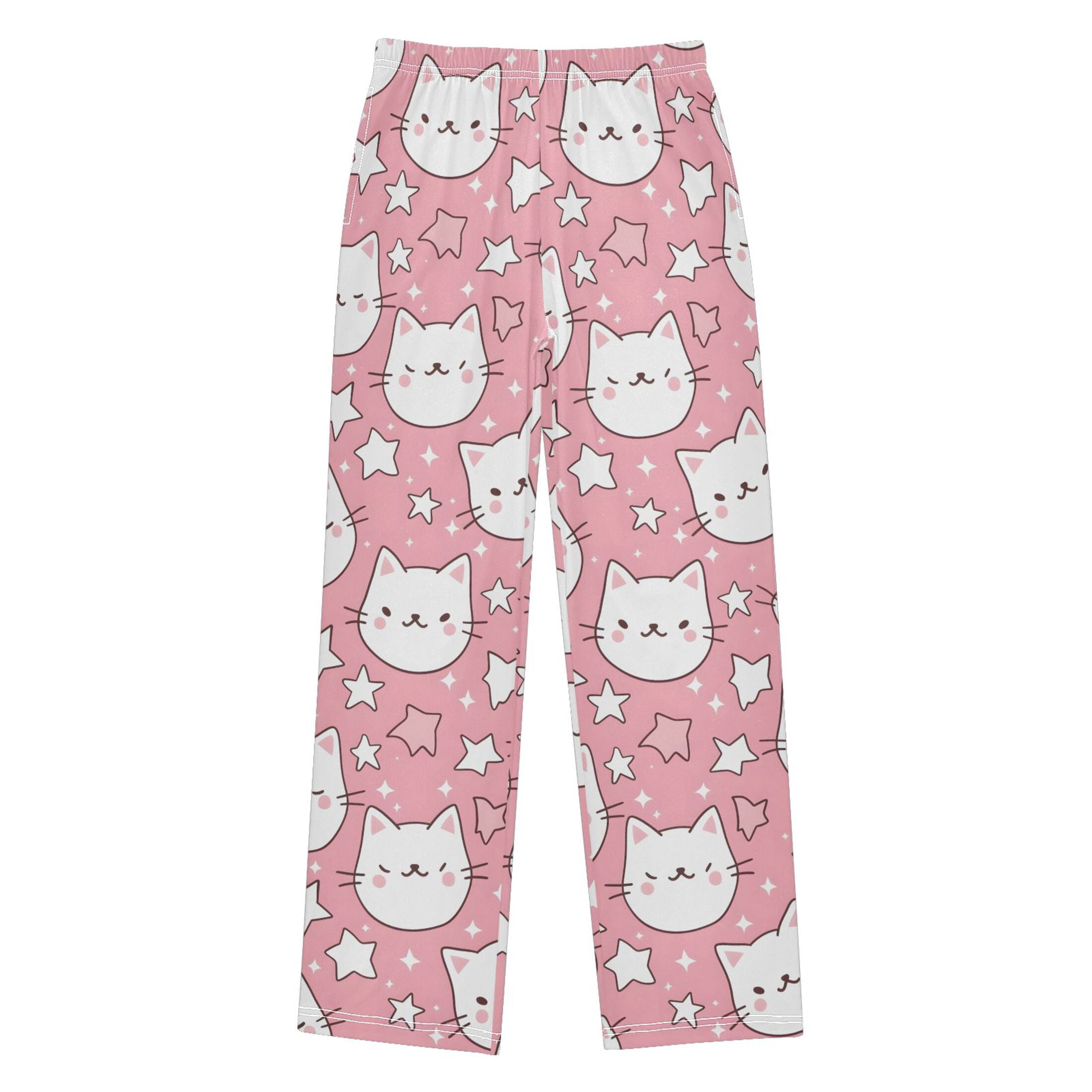 Cute Pink Cat Pattern Pajama Pants Soft Lightweight Lounge Pants ...