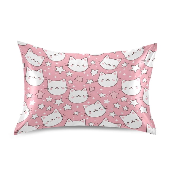 Cute Pink Cat Pattern Pillowcase Standard Size 20''x26'' Satin Double-Sided Print Soft Wrinkle Resistant
