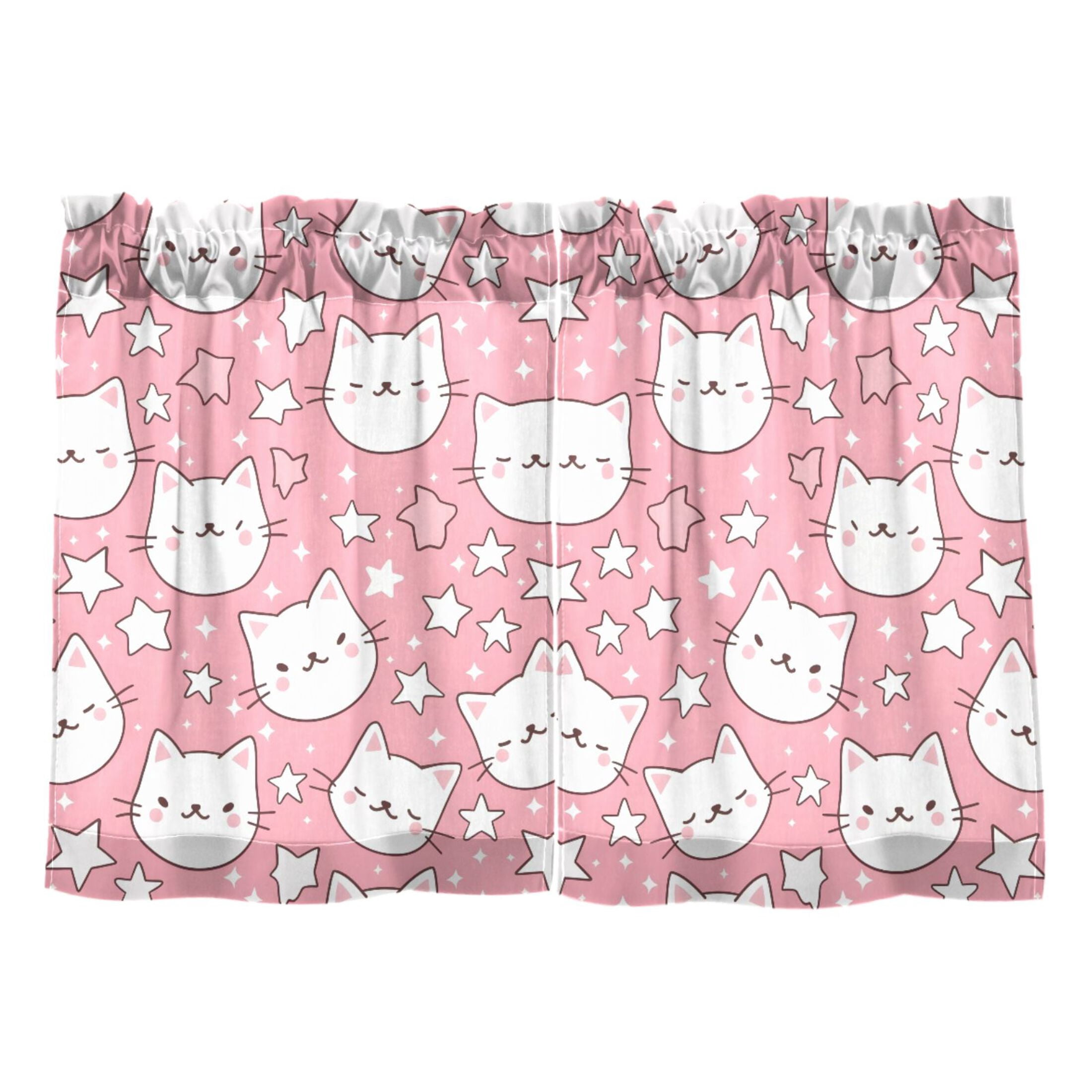 Cute Pink Cat Pattern Tier Curtains Tier Kitchen Living Room Bedroom ...