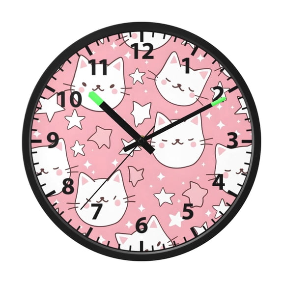 Cute Pink Cat Pattern Wall Clock 12 Inch Voice Activated Night Light Silent Non Ticking