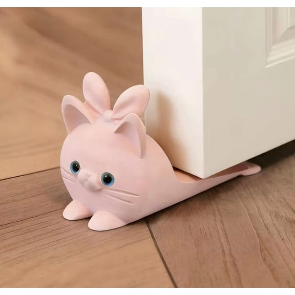 Cute Pink Cat-Shaped Door Wedge Holder with Bunny Ears - Non-Slip Rubber Door Stopper for Home Office Decor, Protects Walls and Fingers