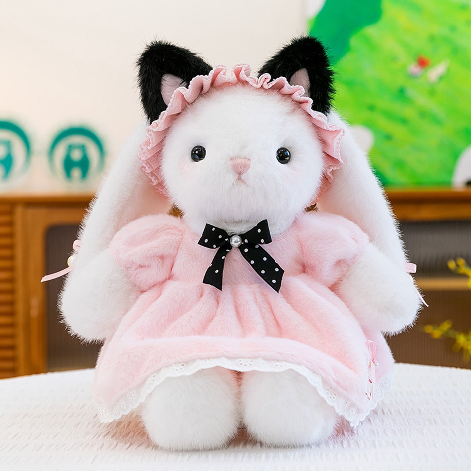 Cute Pink Cat Stuffed Animals Toys, Plushies for Kids, Soft Plush Toys with Bow and Ears, Adorable Pet Companion Gift for Children, Birthday or Holiday Present
