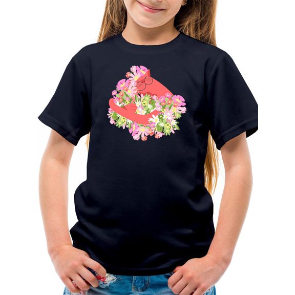 Cute Pink Cat W Flowers T-Shirt Juniors -Image by Shutterstock, Small