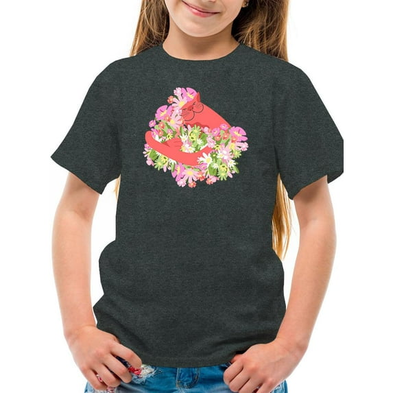 Cute Pink Cat W Flowers T-Shirt Juniors -Image by Shutterstock, x-Large