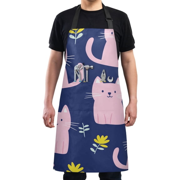 Cute Pink Cats with Flowers Chef Kitchen Apron with Pockets for Women Waterproof Aprons for Cooking Baking