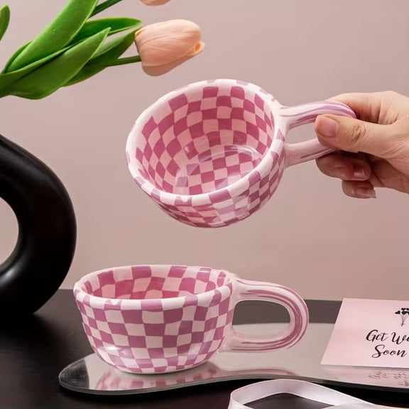 Cute Pink Ceramic Coffee Mug 200ml Irregular Checkerboard Design for Coffee Cappuccino Cocoa Tea