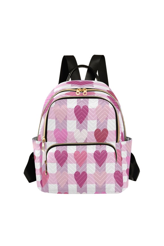 Cute Pink Checkerboard Hearts Valentine Quilted Backpack Fashion Daypack Commuter Bag for Women 8.5 L