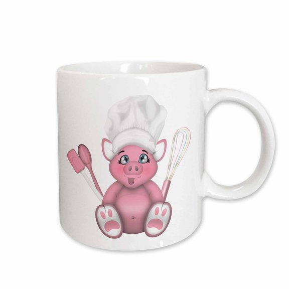 3drose, Cute Pink Chef Pig with a Spatula, Spoon, and Whisk Illustration, 15oz Mug