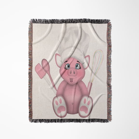 Cute Pink Chef Pig With A Spatula, Spoon, And Whisk Illustration, Woven Blanket