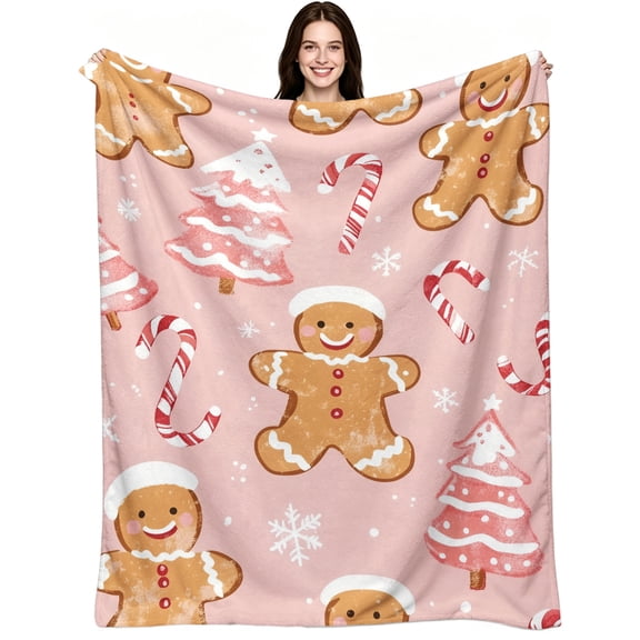 Cute Pink Christmas Gingerbread Man Candy, Soft Warm Flannel Fleece, Aesthetic Festive Holiday, Throw Blanket, Cozy Warm, Home Decor, Couch Sofa Bed, Gift