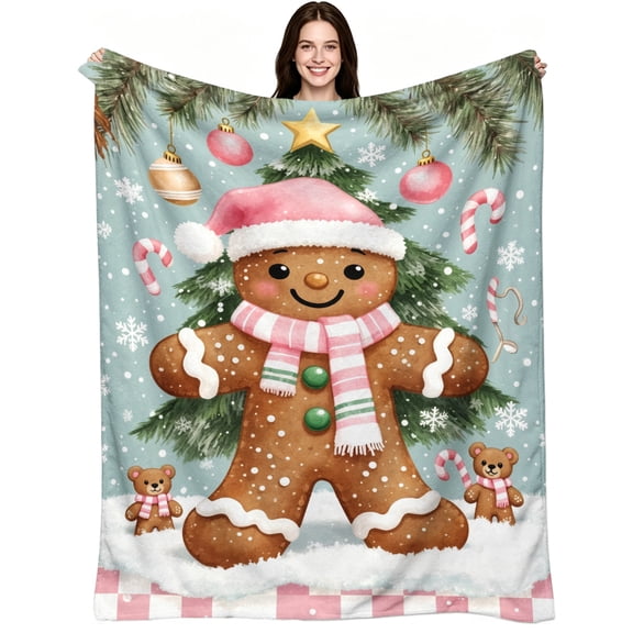 Cute Pink Christmas Gingerbread Man Print, Ultra Soft Cozy Flannel Fleece, Kawaii Aesthetic, Throw Blanket, Festive, Holiday, for Couch Bed Sofa Travel Gift Use